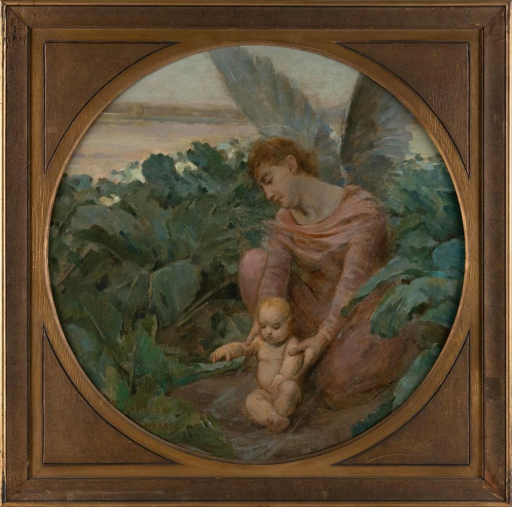 Angelo e bambino in un giardino